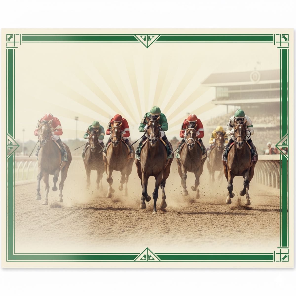 Lithograph of a race field driving to the wire